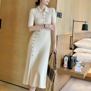 Short-sleeve Collar Button-up Knit Midi Sheath Dress