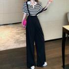 Striped Short-sleeve Cropped Polo Shirt / Wide-leg Jumper Pants