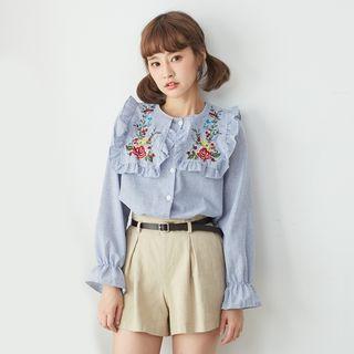 Frilled Trim Embroidered Striped Buttoned Top