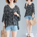V-neck Printed 3/4-sleeve T-shirt As Shown In Figure - One Size