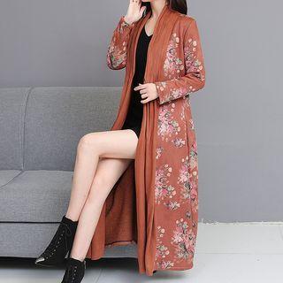 Faux Suede Floral Print Long Coat