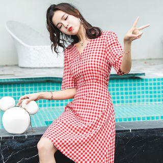 Buttoned Short-sleeve Gingham Mini A-line Dress