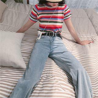 Short-sleeve Striped Knit Top / Wide Leg Jeans