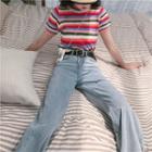 Short-sleeve Striped Knit Top / Wide Leg Jeans