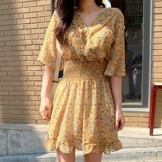 Smocked-waist Floral Print Chiffon Dress Yellow - One Size