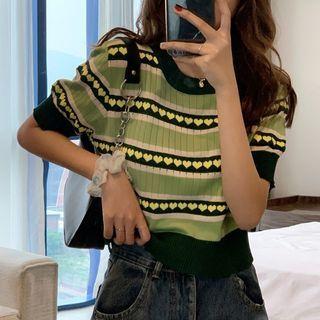 Short-sleeve Color Block Heart Pattern Top