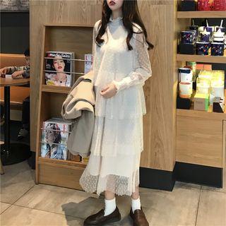 Long-sleeve Tiered Midi Dress White - One Size