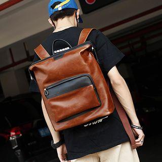 Color Block Faux-leather Backpack Coffee - One Size