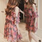 Elbow-sleeve Cold Shoulder Floral Ruffled A-line Mini Dress