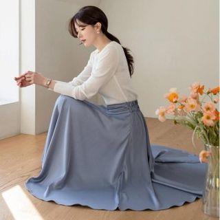 Shirred Satin Long Flare Skirt