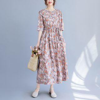 Elbow-sleeve Floral Midi Smock Dress