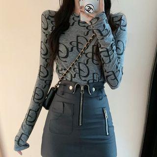 Long-sleeve Lettering Printed Top / High-waist Zip Mini Skirt