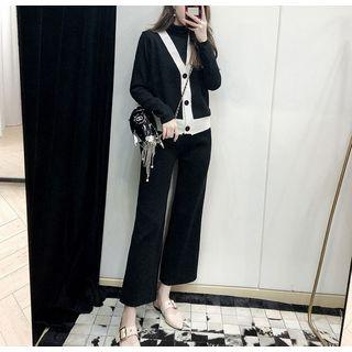 Set: Mock Neck Knit Top + Contrast Trim Knit Vest + Wide-leg Pants