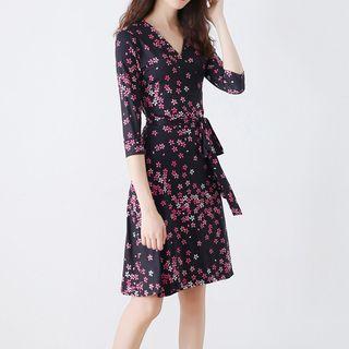 Floral Print V-neck Elbow Sleeve Dress