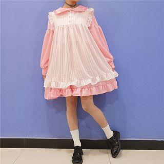 Peter Pan Collar Long-sleeve A-line Dress / Set: Peter Pan Collar Long-sleeve A-line Dress + Lace Trim Pinafore Dress
