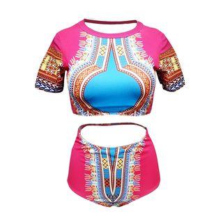Set: Patterned Short Sleeve Cropped Rashguard + Swim Bottom