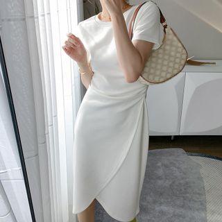 Short-sleeve Irregular Hem Shirred Dress