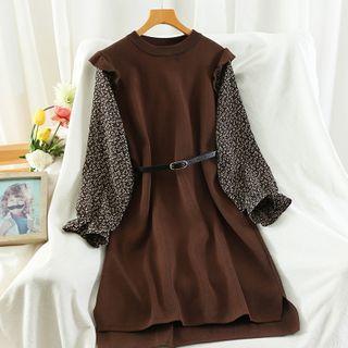 Floral Print Panel Long-sleeve Midi A-line Knit Dress