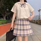 Elbow-sleeve Shirt / Ribbon Tie / Plaid Pleated Mini A-line Skirt / Set