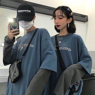 Mock Two-piece Long-sleeve Lettering T-shirt Grayish Blue & Gray - One Size
