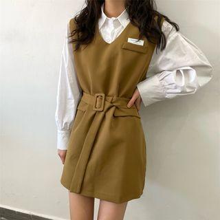 Long-sleeve Shirt / V-neck Dress With Belt