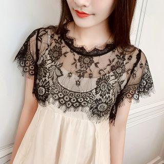 Set: Short-sleeve Lace Cropped Top + Bandeau