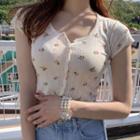 Floral Print Cap-sleeve Buttoned Crop Top As Shown In Figure - One Size