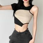Short-sleeve One-shoulder Two-tone Crop Top