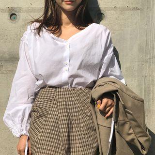 Shirred-shoulder Tie-cuff Blouse