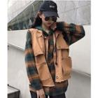 Buttoned Vest / Hooded Plaid Shirt