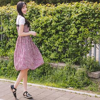 Set: Floral A-line Dress + Short-sleeve T-shirt