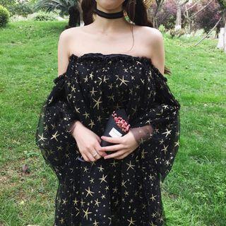 Long-sleeve Off Shoulder Patterned A-line Dress