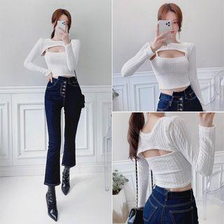 Set: Long-sleeve Cropped Top + Camisole Top