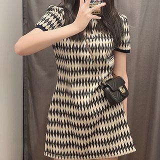 Short-sleeve Polo-neck Argyle Mini A-line Dress