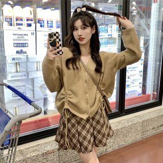 Drawstring Cardigan / Plaid Mini A-line Skirt
