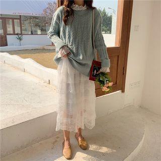 Round Neck Cable Knit Sweater / Lace Top / Lace Midi Skirt