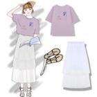 Printed Short-sleeve T-shirt / Tiered Midi Skirt / Sandals