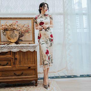 Flower Embroidered Short-sleeve Qipao