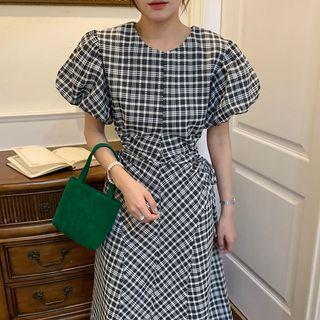 Plaid Puff-sleeve Cutout A-line Midi Dress Plaid - Black & White - One Size