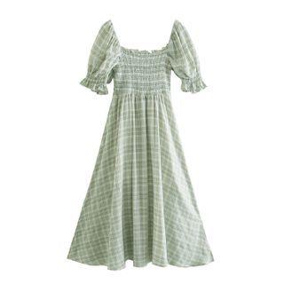 Puff-sleeve Plaid Frill Trim Midi A-line Dress