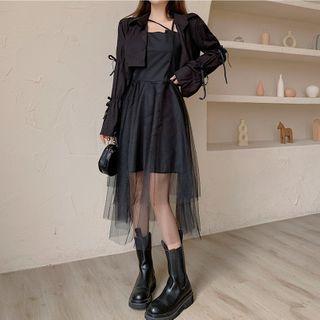 Set: Spaghetti-strap Mesh Panel Midi A-line Dress + Cropped Jacket