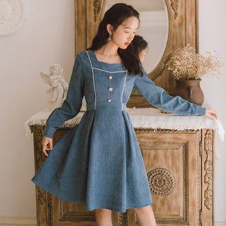 Square Neck Gathered-waist Long Sleeve Dress
