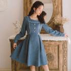 Square Neck Gathered-waist Long Sleeve Dress