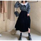 Ribbon Sweater / Velvet Midi Skirt