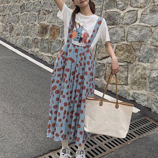 Short-sleeve Print T-shirt / Dotted Suspender Skirt