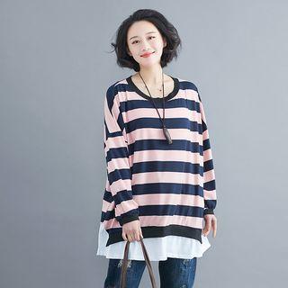 Striped Round-neck Lantern-sleeve T Shirt