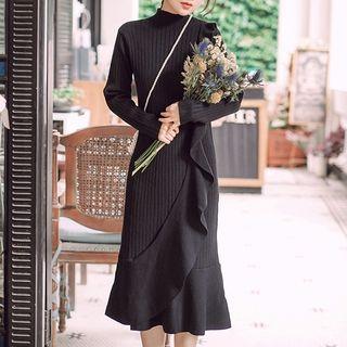 Mock-turtleneck Ribbed Ruffled Midi Knit Dress