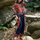 Set: 3/4-sleeve Embroidered Top + Harem Pants