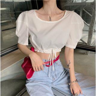 Puff-sleeve Drawstring Cropped Top