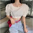 Puff-sleeve Drawstring Cropped Top